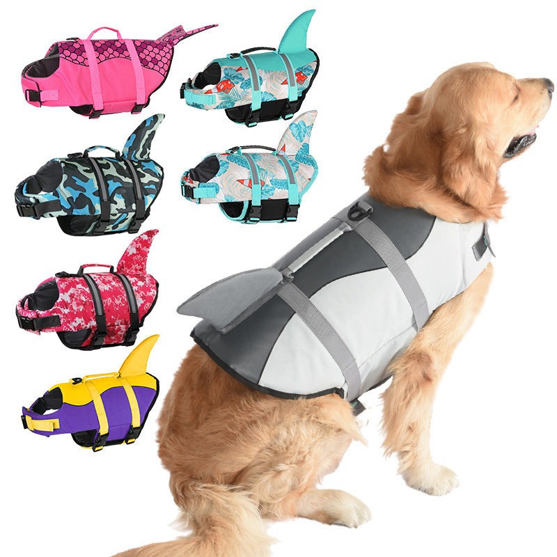 Size M Blue Sailboat Pattern Pet Life Jacket for Dogs - Summer Swimming Safety Vest with Shark Fin for Small to Large Breeds