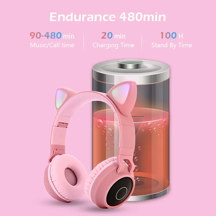 Pink Cat Ear Bluetooth Headphones with LED Lights - Wireless, Foldable