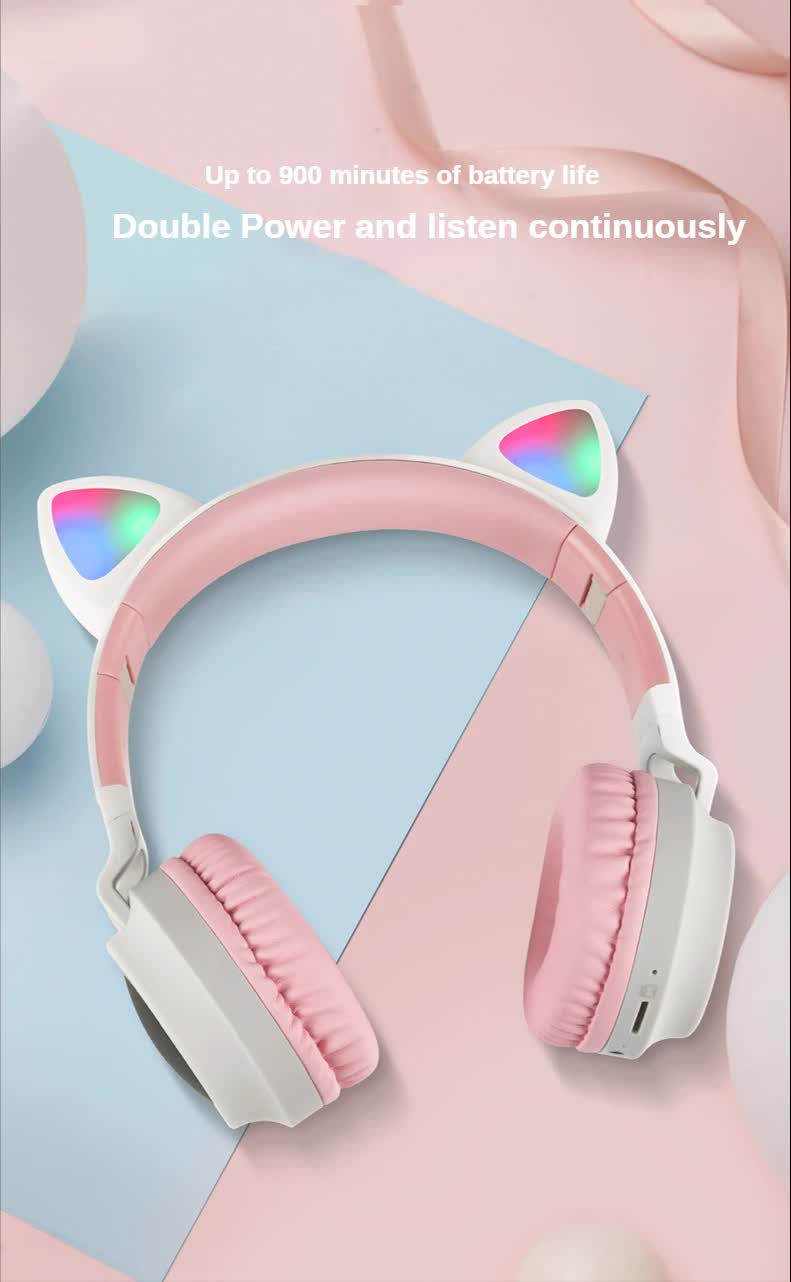Purple And Pink Cat Ear Bluetooth Headphones with LED Lights - Wireless, Foldable