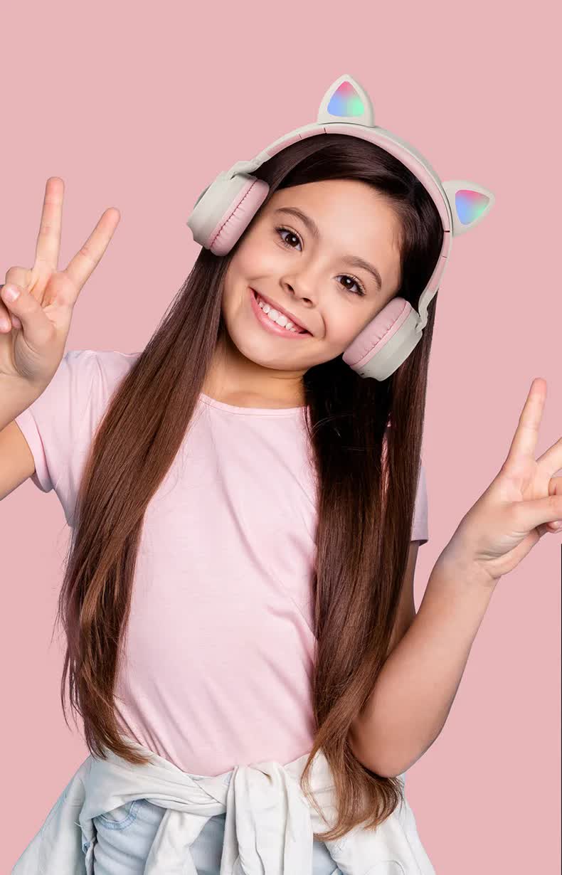 Purple And Pink Cat Ear Bluetooth Headphones with LED Lights - Wireless, Foldable