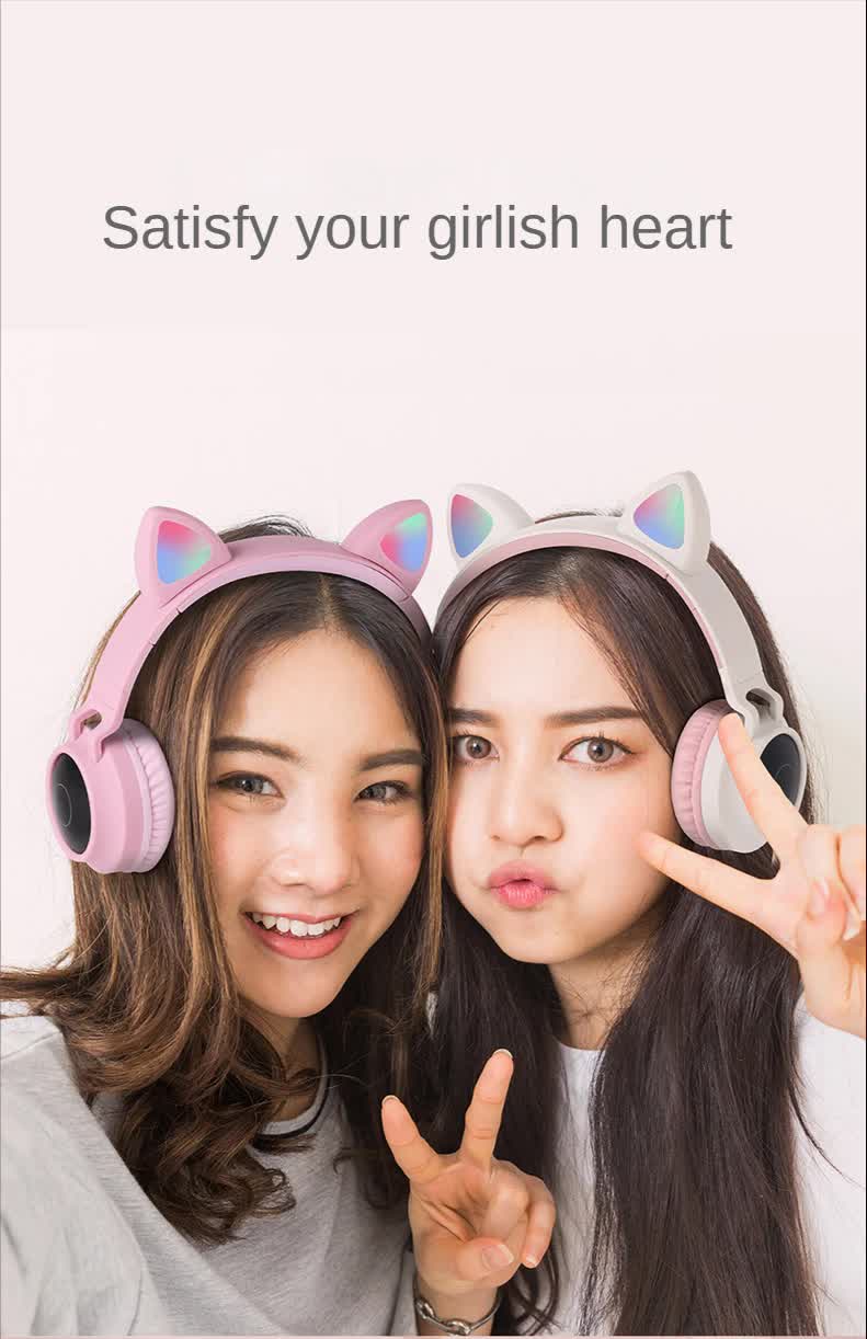 Purple And Pink Cat Ear Bluetooth Headphones with LED Lights - Wireless, Foldable