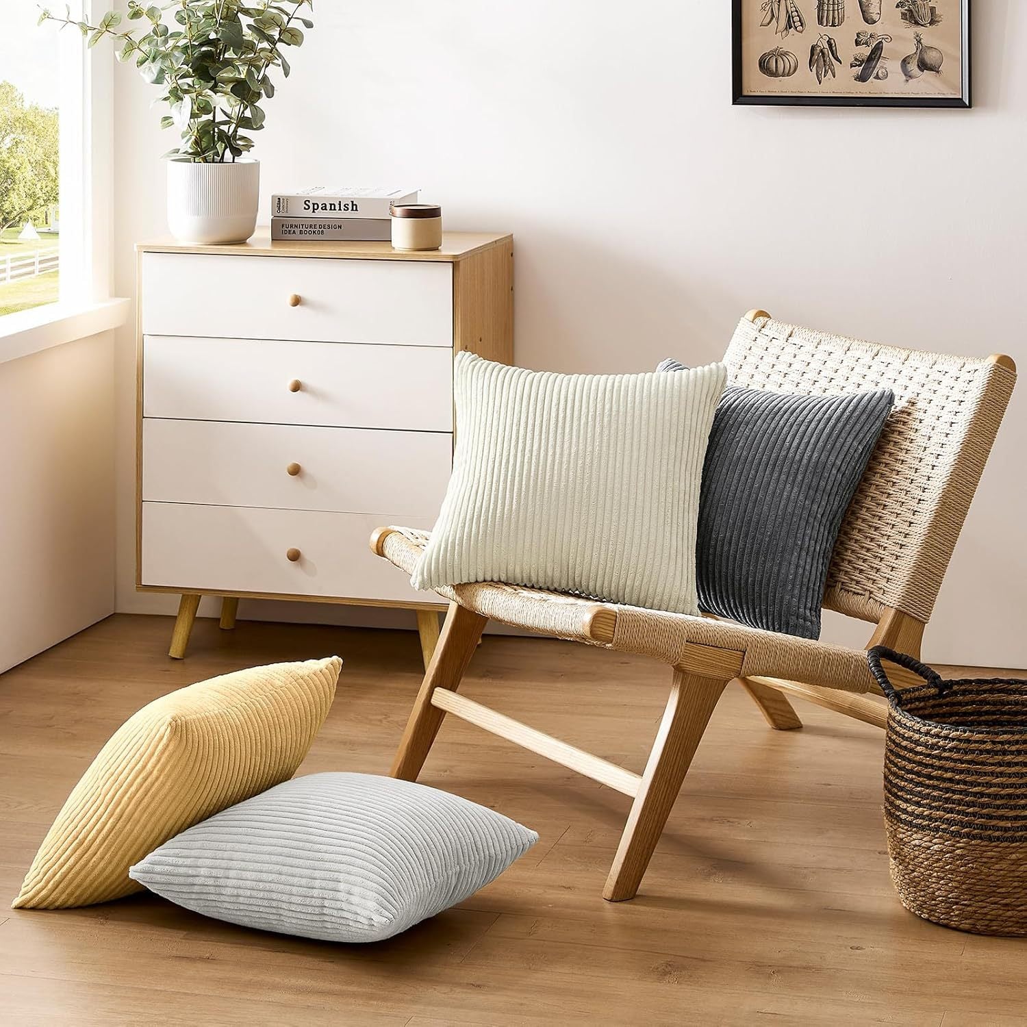 White Plush Striped Pillow Covers 45x45cm - Set of 4 Corduroy-Style Cushion Covers with Invisible Zipper, Soft and Washable for Sofa Decor