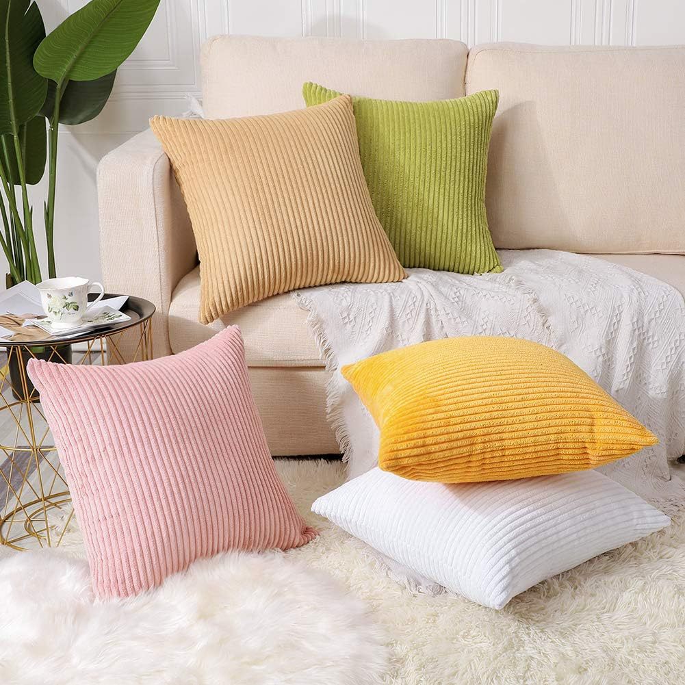 White Plush Striped Pillow Covers 45x45cm - Set of 4 Corduroy-Style Cushion Covers with Invisible Zipper, Soft and Washable for Sofa Decor