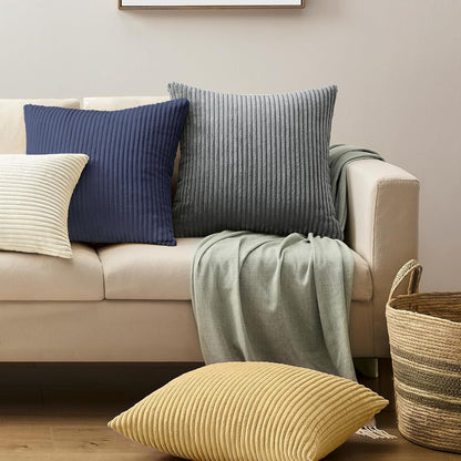 Green Plush Striped Pillow Covers 45x45cm - Set of 4 Corduroy-Style Cushion Covers with Invisible Zipper, Soft and Washable for Sofa Decor