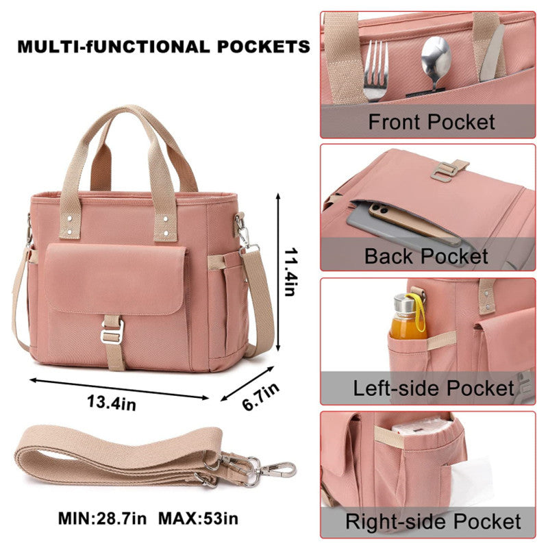 Pink Spacious Insulated Lunch Bag - Wide Open Design, Removable Strap, Side Water Bottle Pockets - Perfect for Work, Picnic &amp; Travel