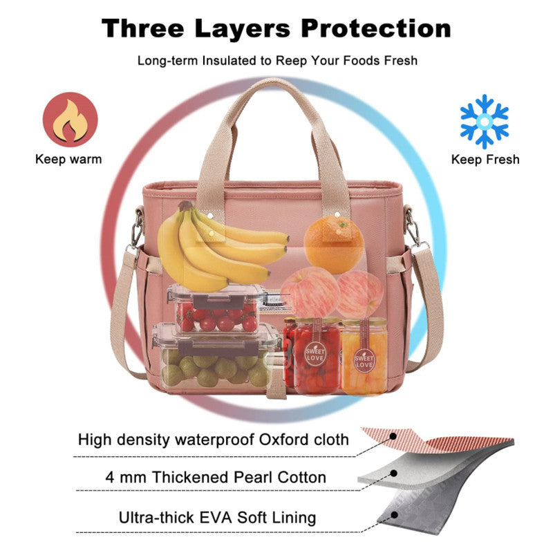 Pink Spacious Insulated Lunch Bag - Wide Open Design, Removable Strap, Side Water Bottle Pockets - Perfect for Work, Picnic &amp; Travel