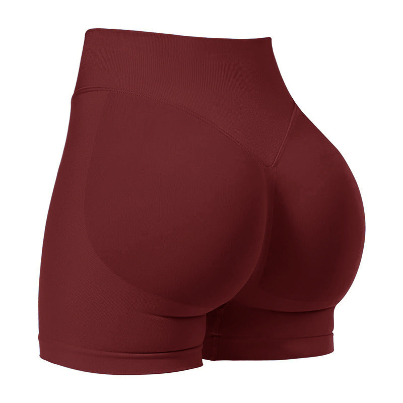 XXL Wine Red High-Elastic Hip Yoga Shorts - Seamless Mid-Intensity Pilates Workout Shorts