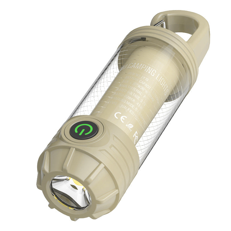 Khaki Portable Multi-Light Camping Lantern - Mini Keychain Flashlight with Hook for Outdoor Adventures