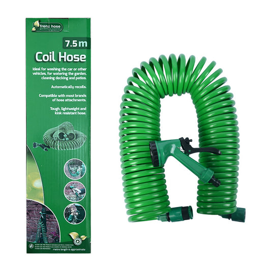 7.5m Retractable Spring Garden Hose with 5-Function Spray Gun - EVA Burst-Proof Watering Hose for Car Washing
