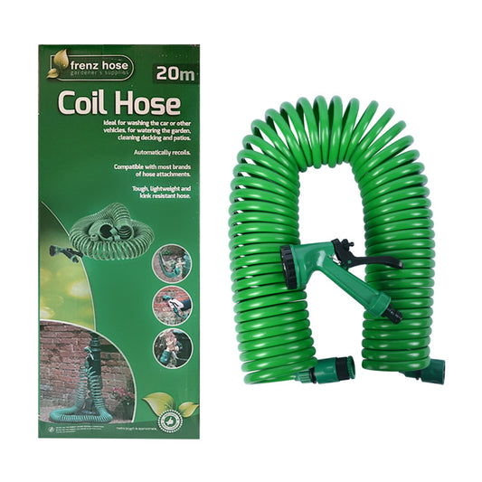 20m Retractable Spring Garden Hose with 5-Function Spray Gun - EVA Burst-Proof Watering Hose for Car Washing