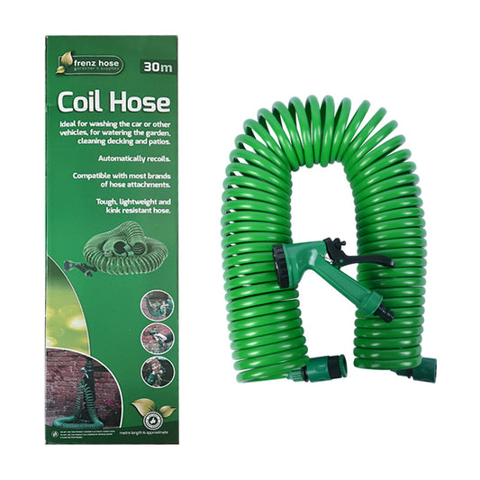 30m Retractable Spring Garden Hose with 5-Function Spray Gun - EVA Burst-Proof Watering Hose for Car Washing