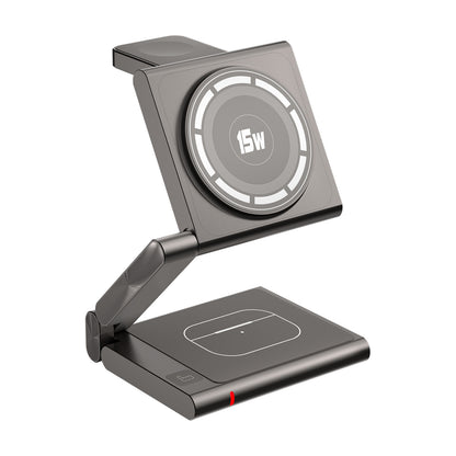 Silver-grey Magnetic 3-in-1 Wireless Charger for Apple Devices - 15W Fast Charging Station for iPhone, AirPods, and Apple Watch