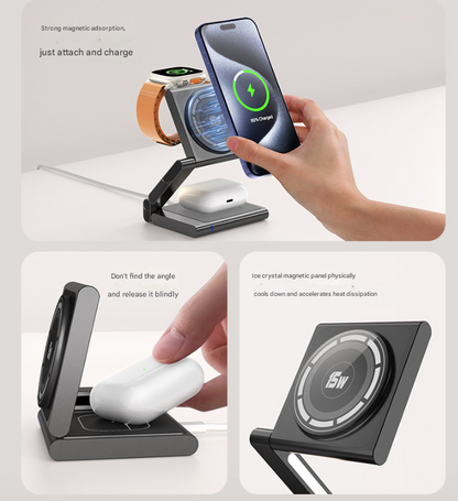 Silver-grey Magnetic 3-in-1 Wireless Charger for Apple Devices - 15W Fast Charging Station for iPhone, AirPods, and Apple Watch
