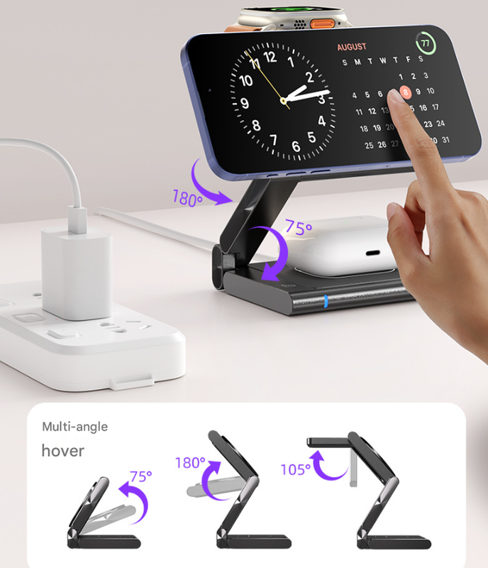 Silver-grey Magnetic 3-in-1 Wireless Charger for Apple Devices - 15W Fast Charging Station for iPhone, AirPods, and Apple Watch