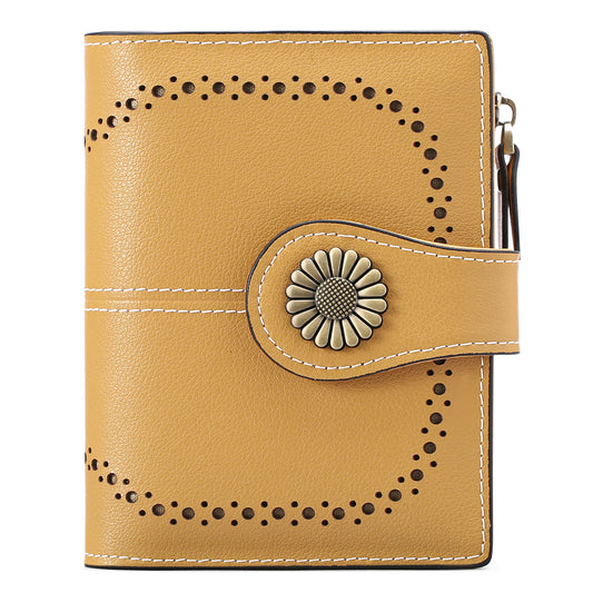 Yellow (Star Napa) Women's Short Leather Wallet - European Style Waxed Leather Coin Purse with Zipper Card Holder in Red