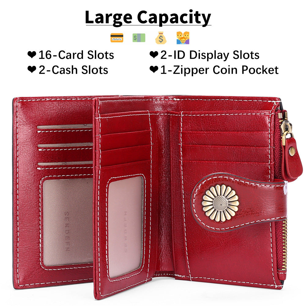 White(Star Napa) Women's Short Leather Wallet - European Style Waxed Leather Coin Purse with Zipper Card Holder in Red