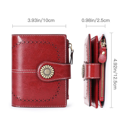 White(Star Napa) Women's Short Leather Wallet - European Style Waxed Leather Coin Purse with Zipper Card Holder in Red