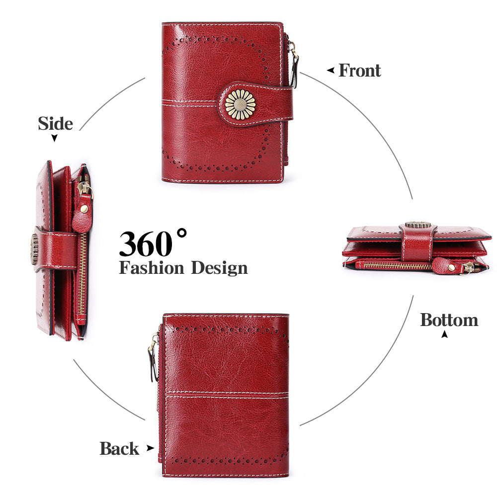 White(Star Napa) Women's Short Leather Wallet - European Style Waxed Leather Coin Purse with Zipper Card Holder in Red