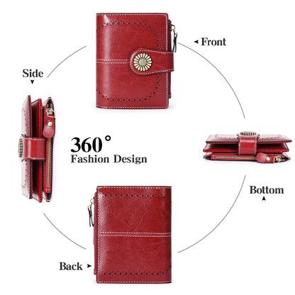White(Star Napa) Women's Short Leather Wallet - European Style Waxed Leather Coin Purse with Zipper Card Holder in Red