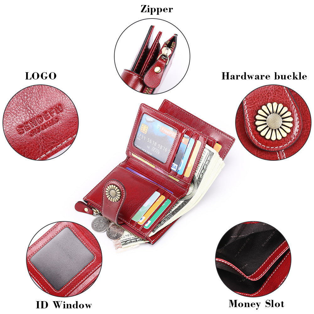 White(Star Napa) Women's Short Leather Wallet - European Style Waxed Leather Coin Purse with Zipper Card Holder in Red