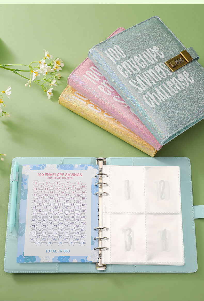 100 Envelope Savings Challenge Binder with Password Lock A5 Cash Stuffing Budget Planner Book Money Organizer for Couples (Pink)
