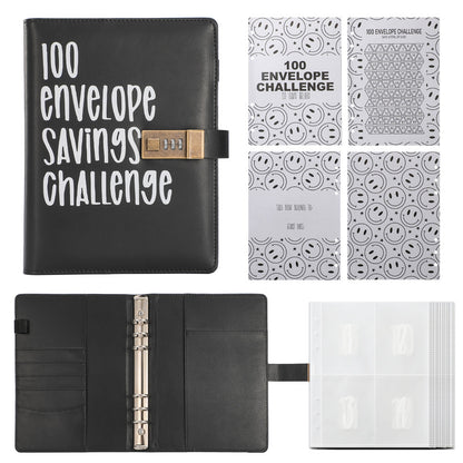 100 Envelope Savings Challenge Binder with Password Lock A5 Cash Stuffing Budget Planner Book Money Organizer for Couples (Black)