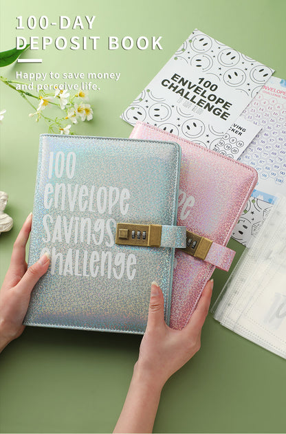 100 Envelope Savings Challenge Binder with Password Lock A5 Cash Stuffing Budget Planner Book Money Organizer for Couples (Black)