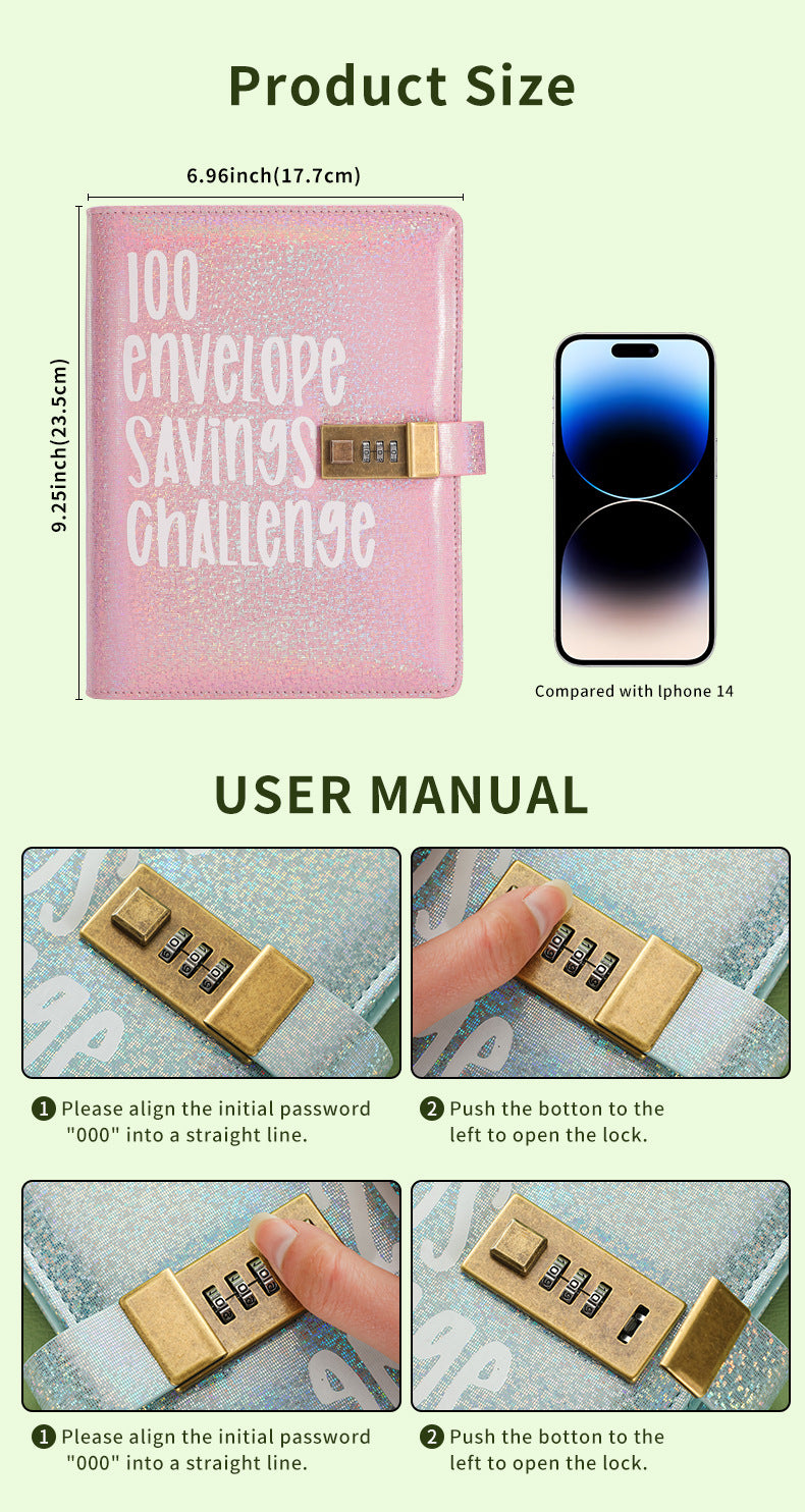 100 Envelope Savings Challenge Binder with Password Lock A5 Cash Stuffing Budget Planner Book Money Organizer for Couples (Black)
