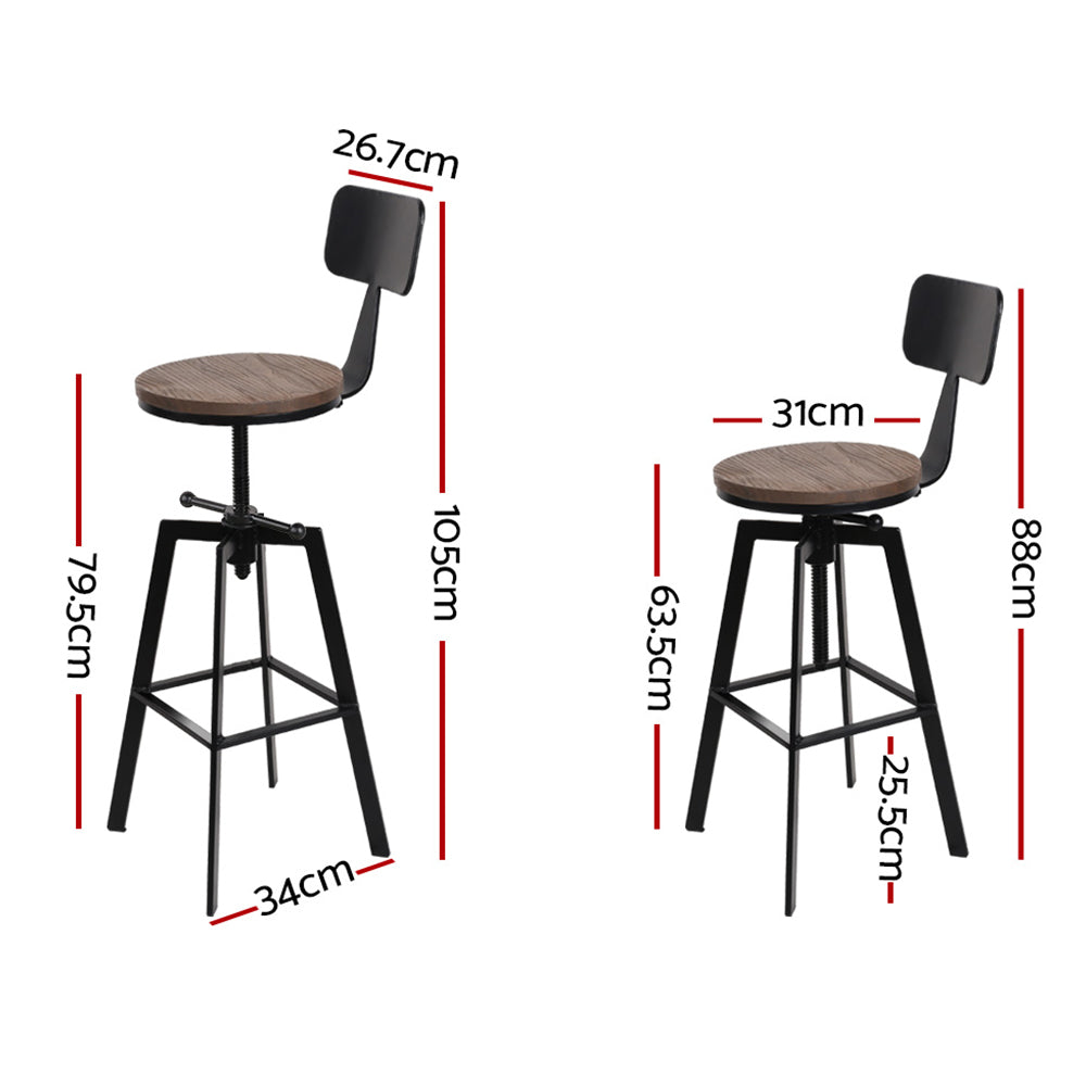 Artiss Set of 2 Rustic Industrial Style Metal Bar Stool - Black and Wood