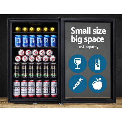Devanti 115L Bar Fridge Glass Door Mini Freezer Fridges Countertop Beverage Commercial