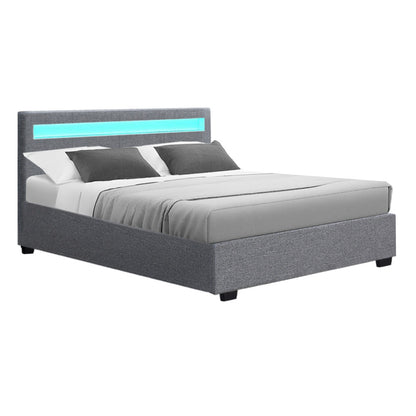 Artiss Bed Frame Double Size Gas Lift RGB LED Bedbase Grey Cole