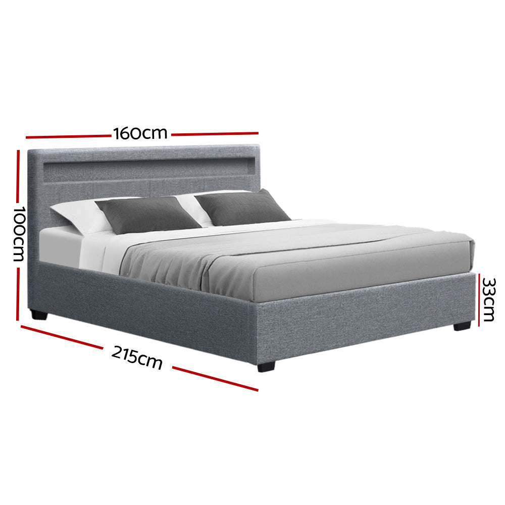 Artiss Cole LED Bed Frame Fabric Gas Lift Storage - Grey Queen