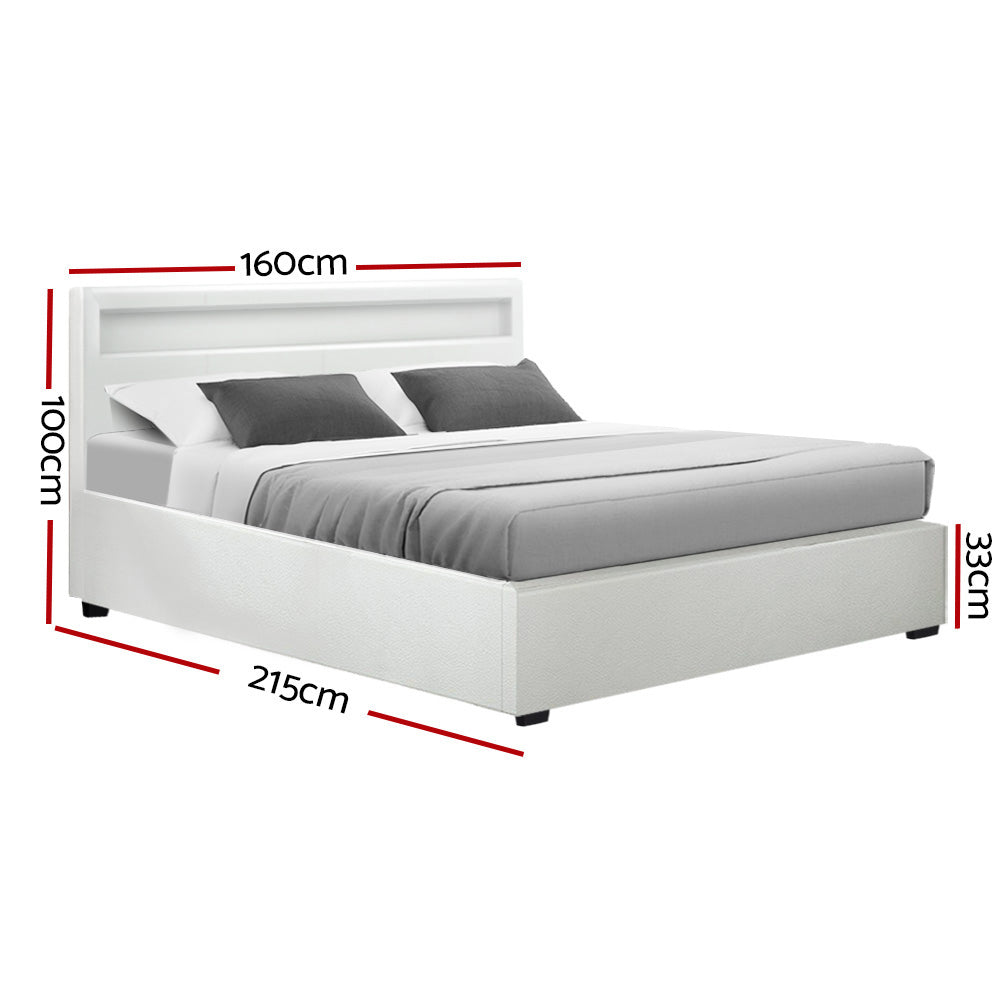 Artiss Cole LED Bed Frame PU Leather Gas Lift Storage - White Queen