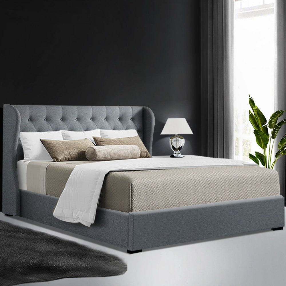 Artiss Issa Bed Frame Fabric Gas Lift Storage - Grey Queen