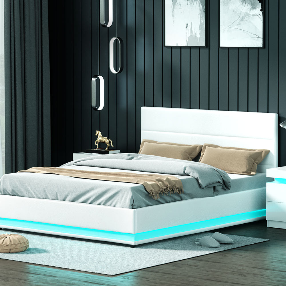 Artiss Lumi LED Bed Frame PU Leather Gas Lift Storage - White Queen