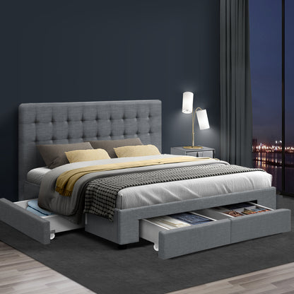 Artiss Avio Bed Frame Fabric Storage Drawers - Grey Queen