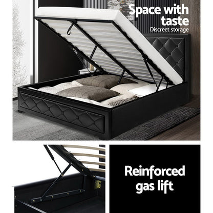Artiss Tiyo Bed Frame PU Leather Gas Lift Storage - Black Queen