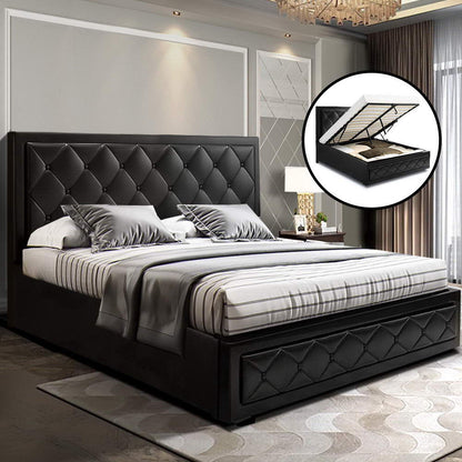 Artiss Tiyo Bed Frame PU Leather Gas Lift Storage - Black Queen