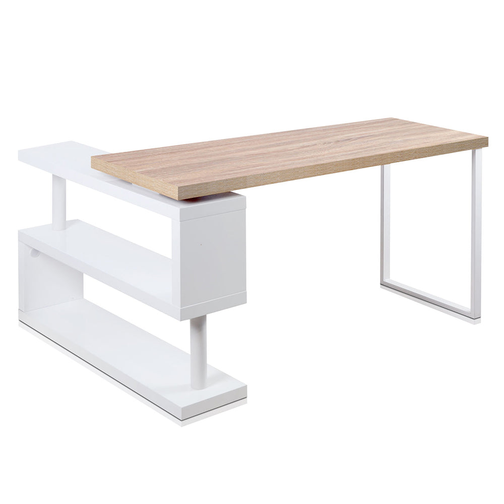 Artiss Rotary Corner Desk with Bookshelf - Brown &amp; White
