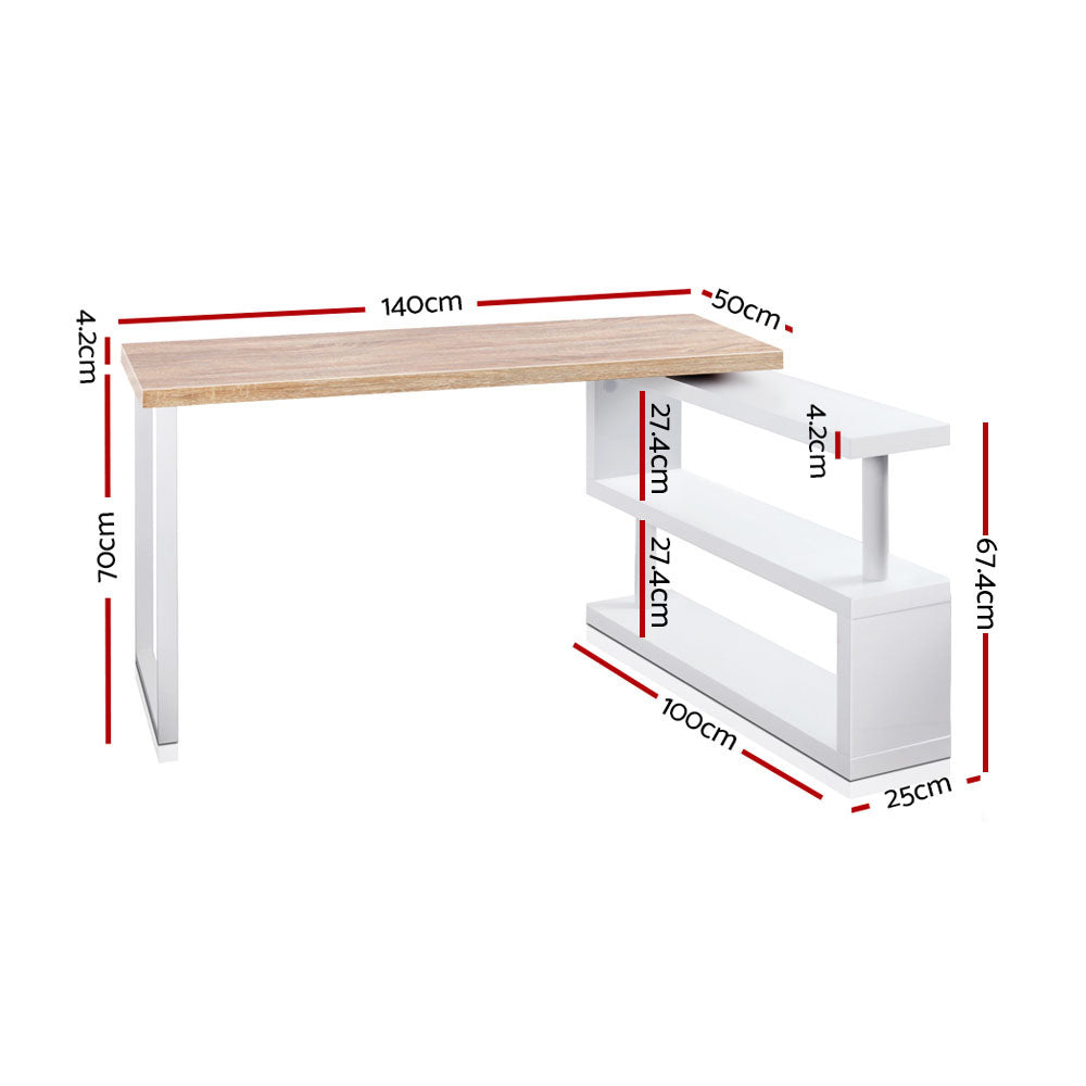 Artiss Rotary Corner Desk with Bookshelf - Brown &amp; White