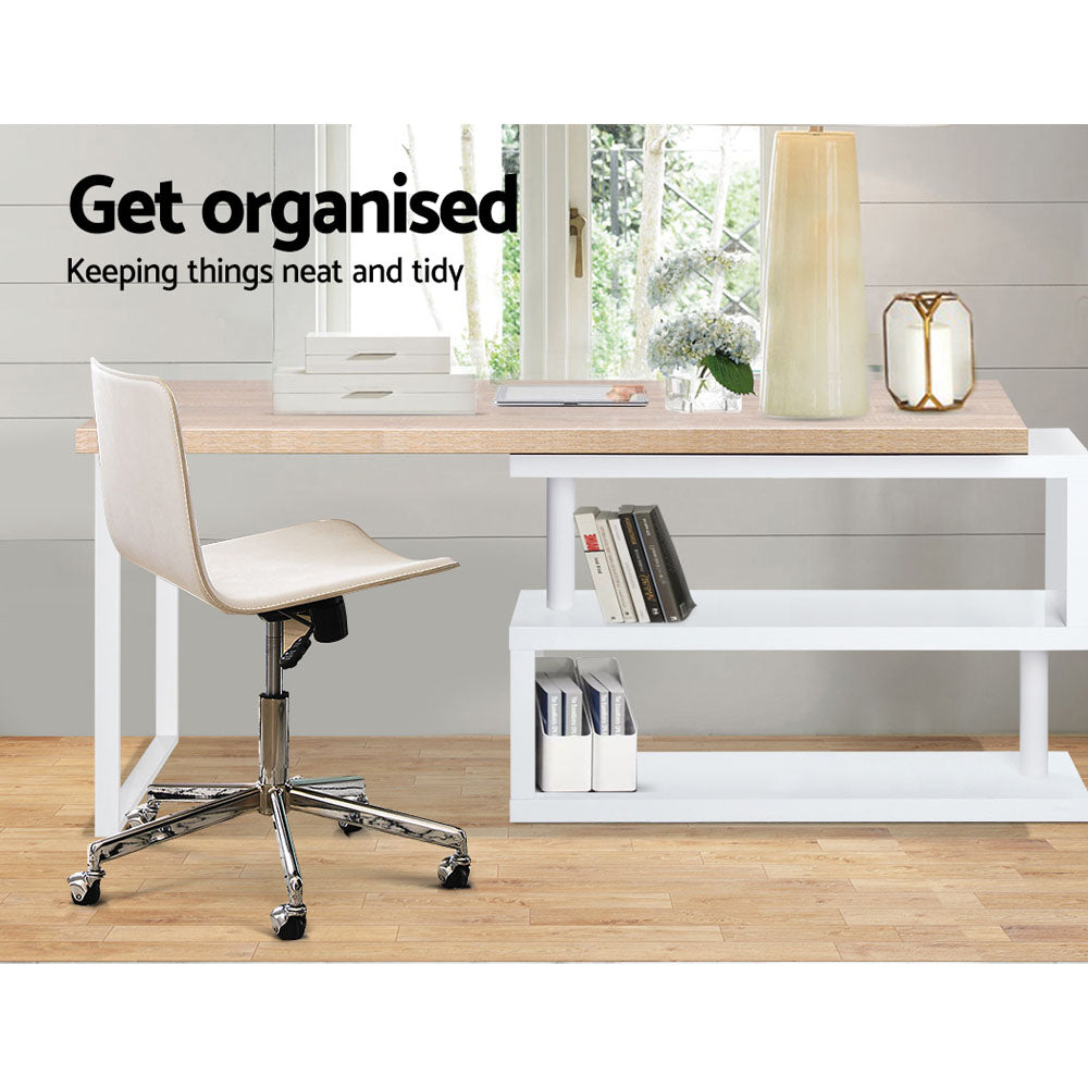 Artiss Rotary Corner Desk with Bookshelf - Brown &amp; White