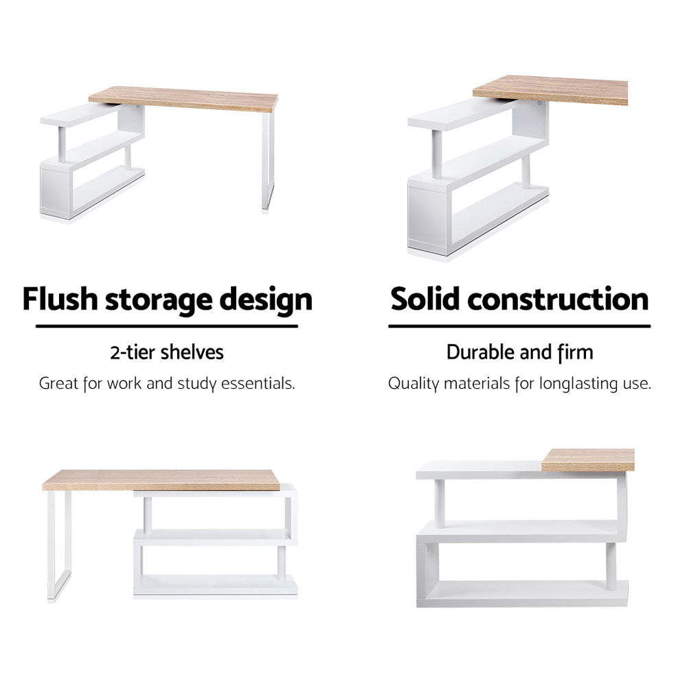 Artiss Rotary Corner Desk with Bookshelf - Brown &amp; White