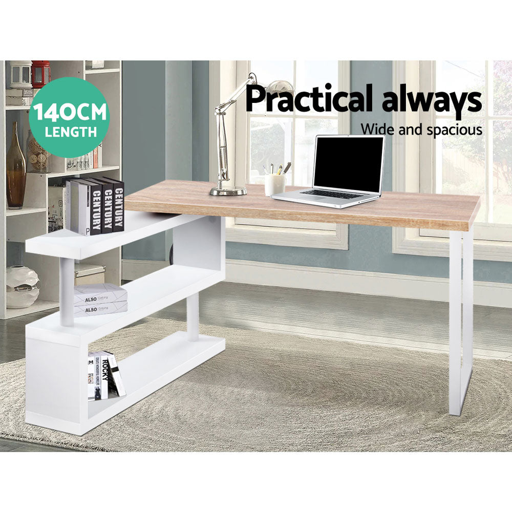 Artiss Rotary Corner Desk with Bookshelf - Brown &amp; White