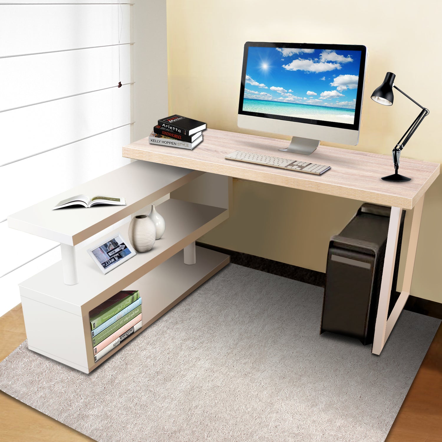 Artiss Rotary Corner Desk with Bookshelf - Brown &amp; White
