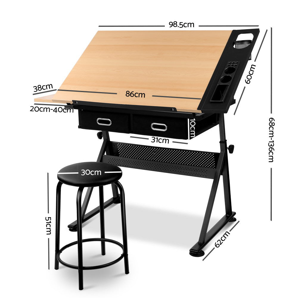Artiss Tilt Drafting Table Stool Set - Natural &amp; Black