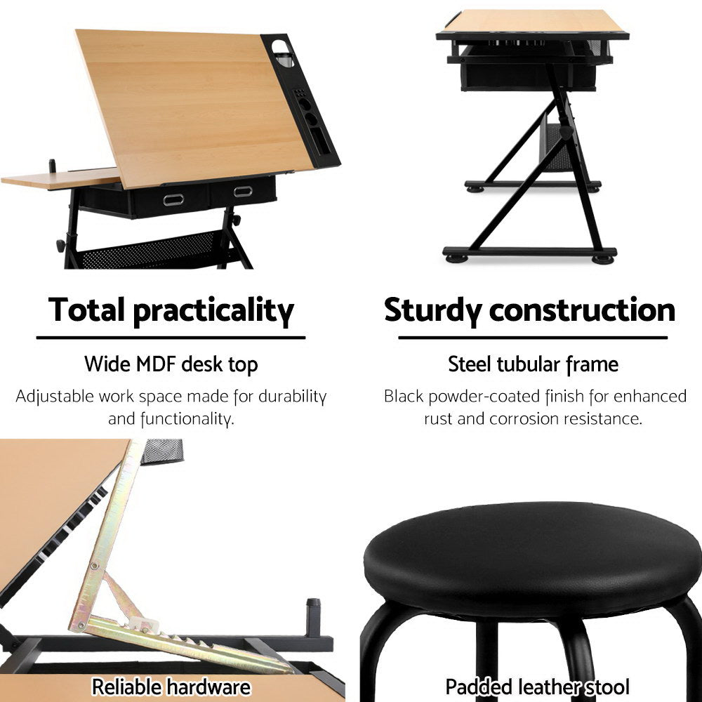 Artiss Tilt Drafting Table Stool Set - Natural &amp; Black
