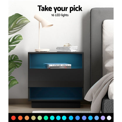 Artiss Bedside Tables Side Table RGB LED Drawers Nightstand High Gloss Black