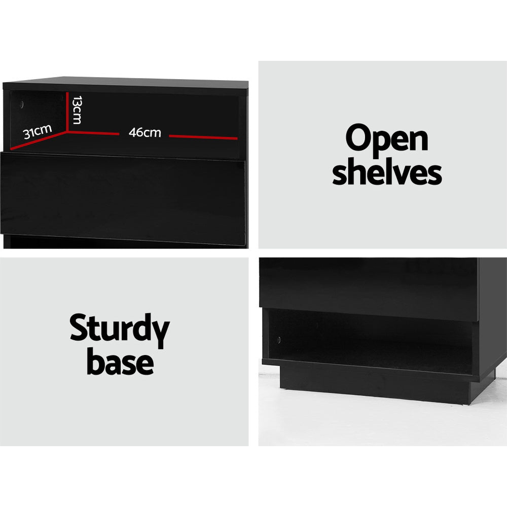 Artiss Bedside Tables Side Table RGB LED Drawers Nightstand High Gloss Black