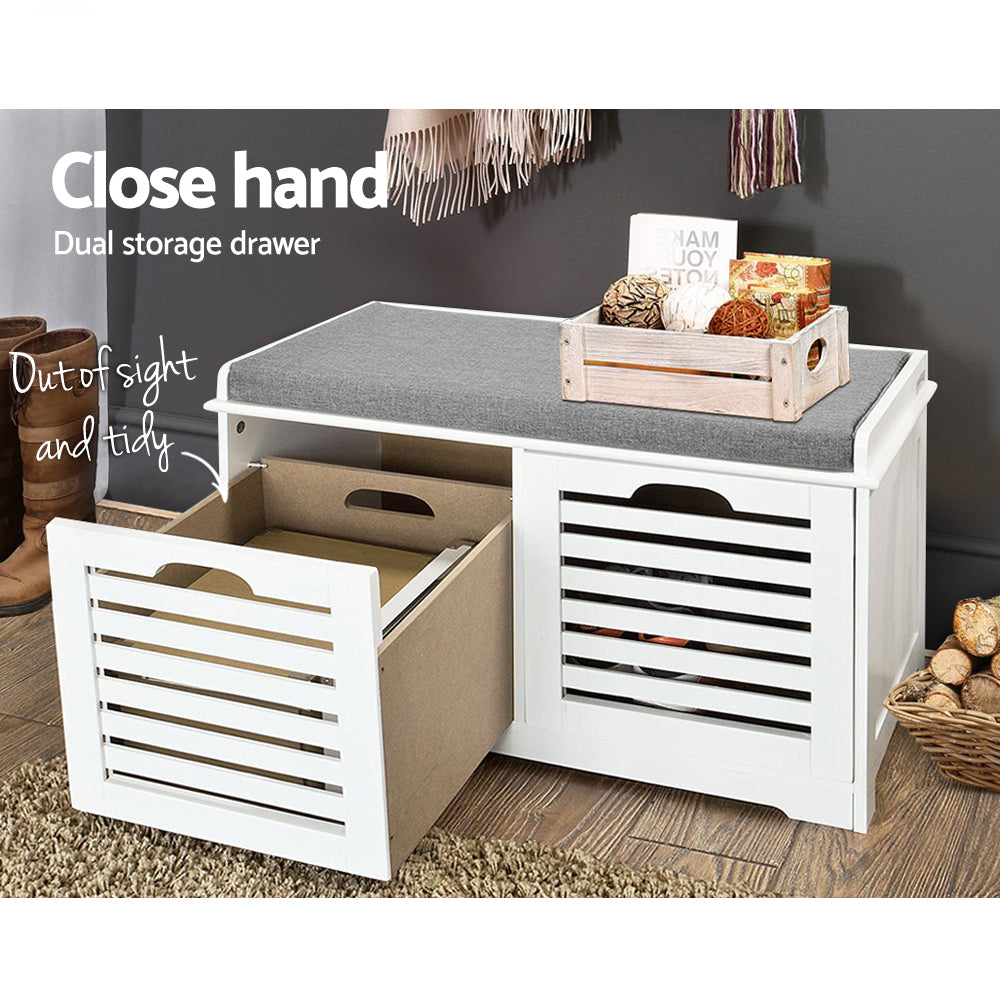Artiss Fabric Shoe Bench with Drawers - White &amp; Grey
