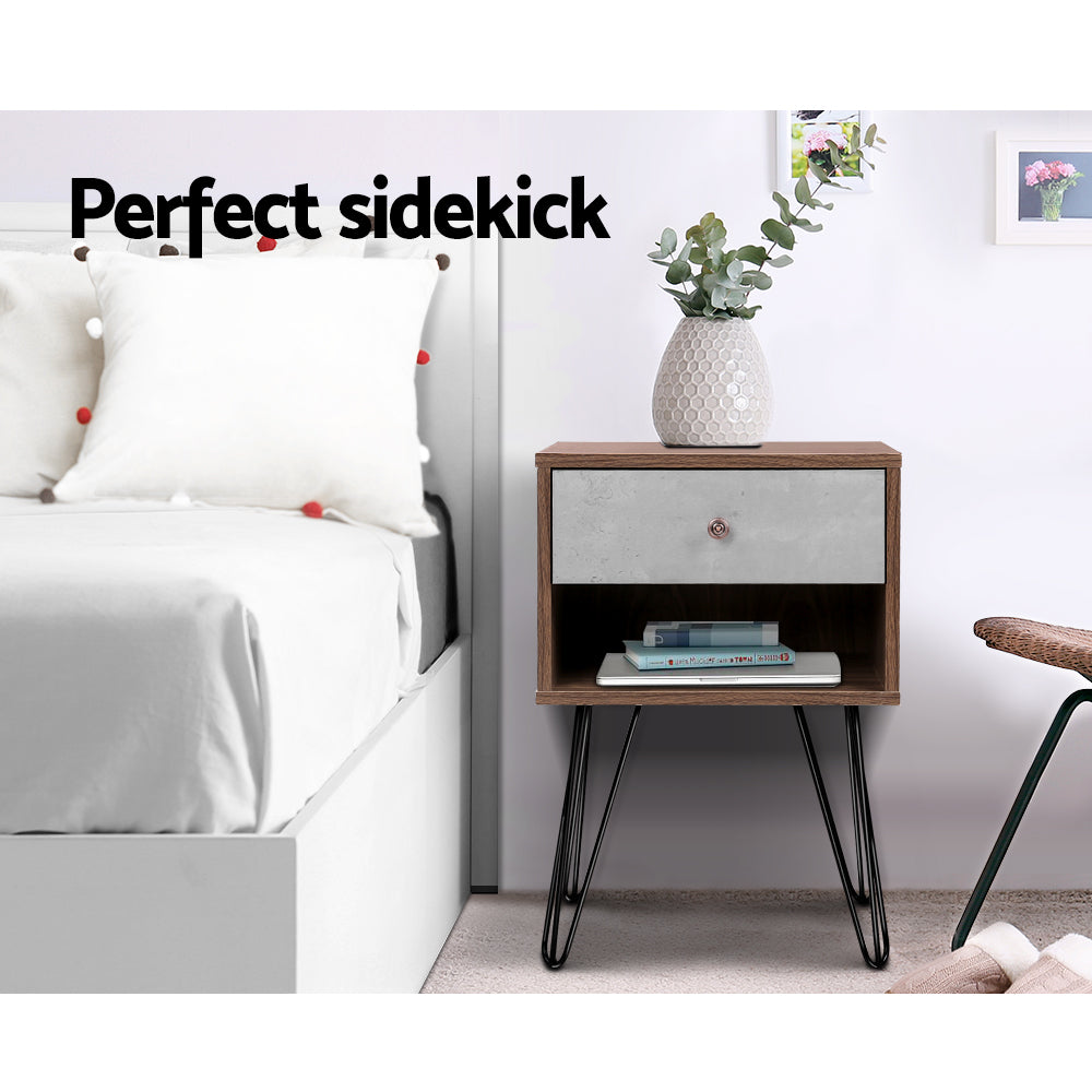 Artiss Bedside Table with Drawer - Grey &amp; Walnut